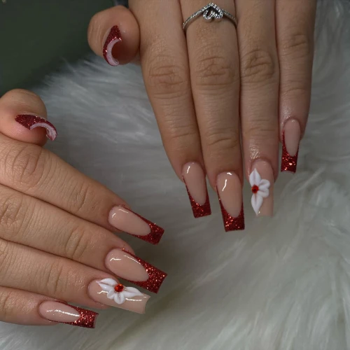 Glitter Red with white Flowers Long French Tip Nails