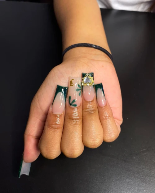 Green and Gold Long French Tip Nails