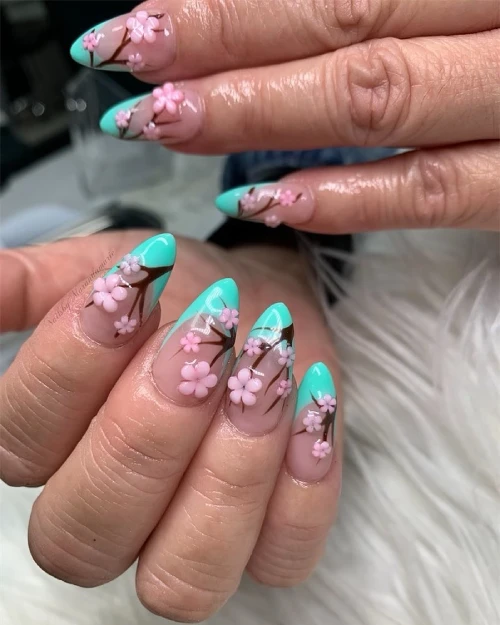 Green and Pink Floral Long French Tip Nails