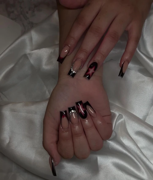 Long Black Pink Rhinestones Star French Tip Nails