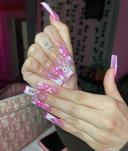 Long Pink and white bunny French Tip Nails