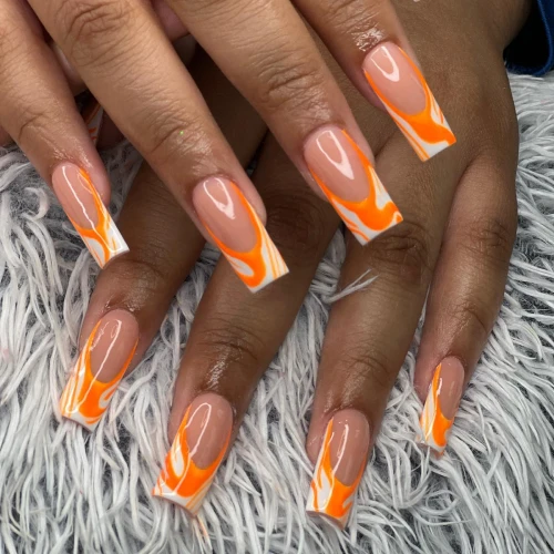 Orange and White Long French Tip Nails