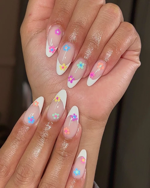 White Floral Long French Tip Nails