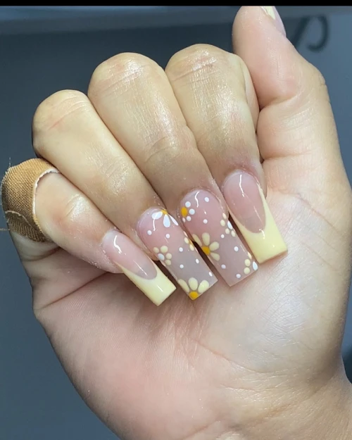 Yellow Flowers Floral Long French Tip Nails