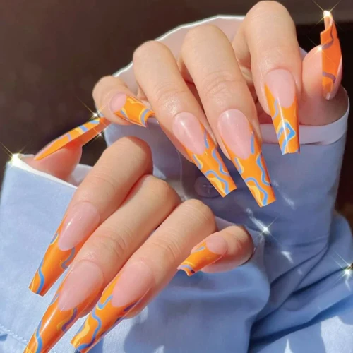 Cute long gel orange and blue long French tip nails