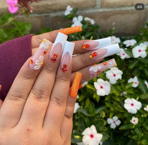 Orange and white French Tip Rhinestones Floral Design Idea