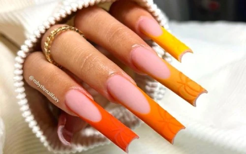 Long French tip Nail Orange cute design