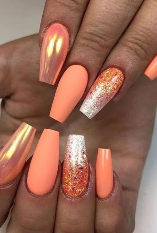 Glitter Ombre matt and neon color Orange nails 