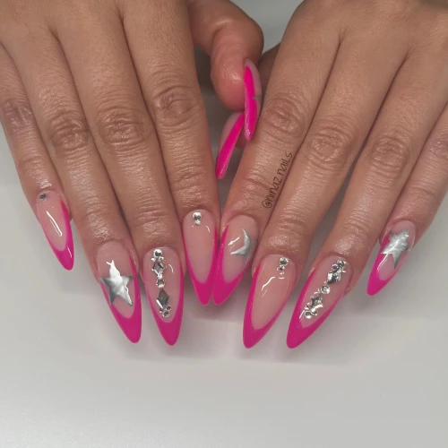 Shiny Bright Silver Diamond with hot pink French tip oval nails