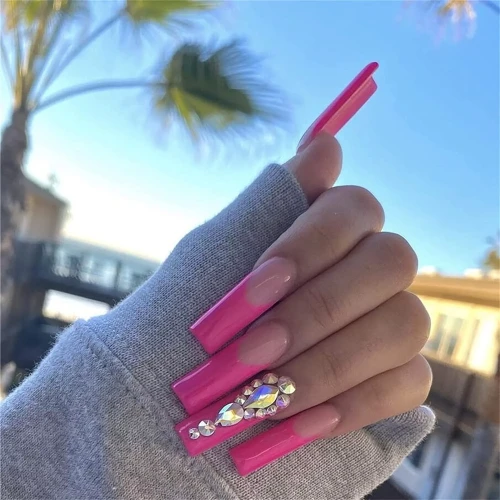 Square Long Hot bright Pink French tip Diamond Nails design