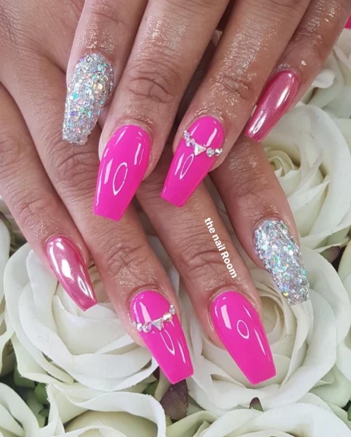 Holographic coffin hot pink with diamonds