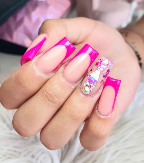 Hot Pink Nails with Diamonds 16