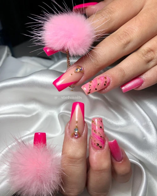 Hot Pink Nails with Diamonds