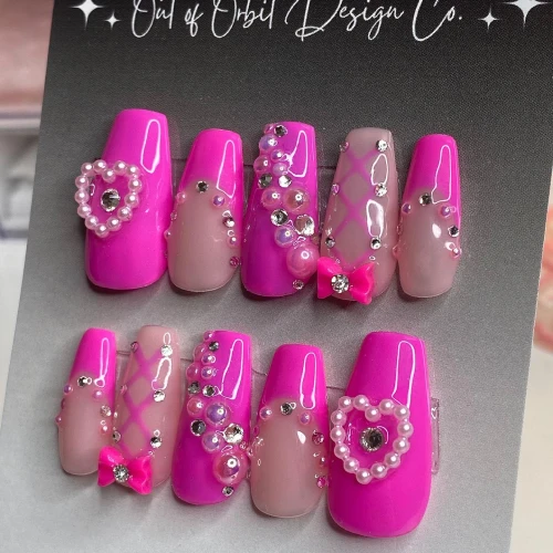 Coffin Pink Heart Design Long French tip Diamonds design Valentines nails