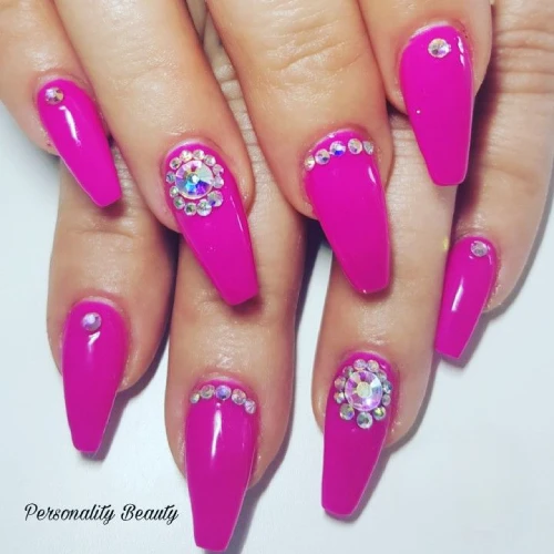 Hot Pink Nails with Diamonds 2