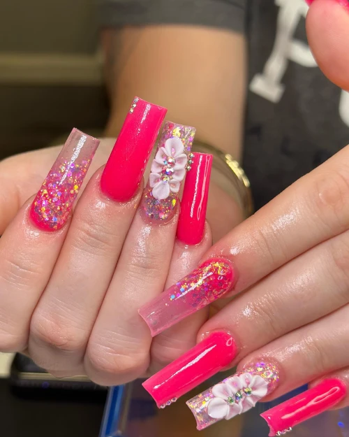 Floral glitter bright pink cute with clear tip and diamonds