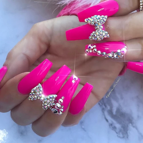 Hot Pink Nails with Diamonds 24