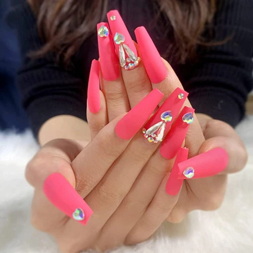 Hot Pink Nails with Diamonds 25