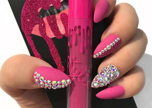 Matte Pink Nails With Diamonds