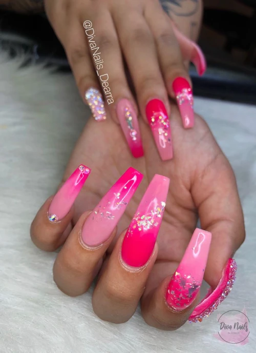 Hot Pink Nails with Diamonds 3