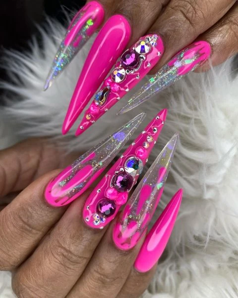 Bright pink long Diamond stud Glitter nails with design ideas