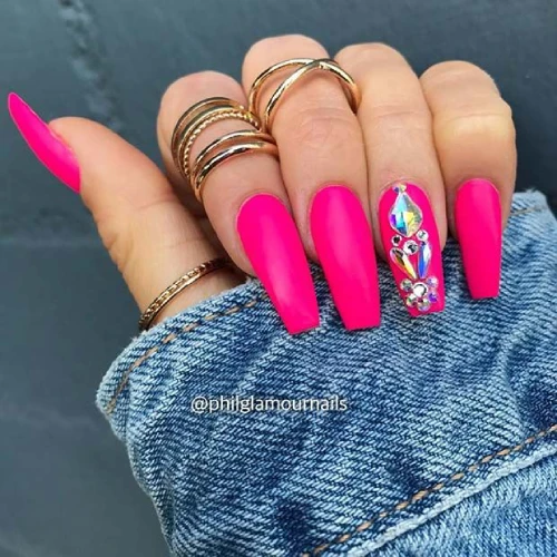 Holographic Coffin Hot Pink Nails with Diamonds