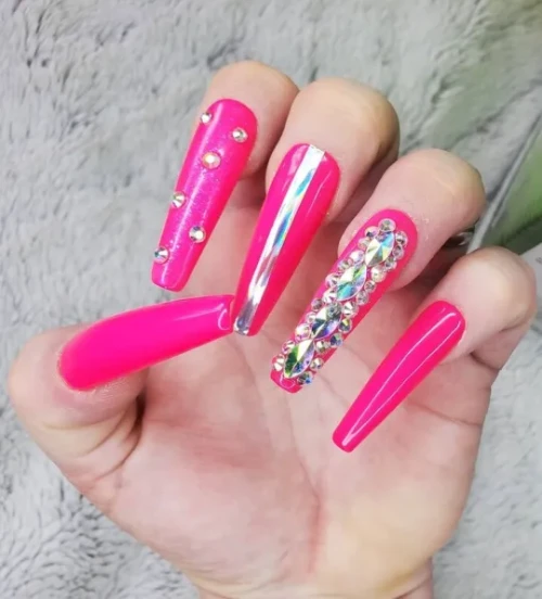 Hot Pink Nails with Diamonds 34