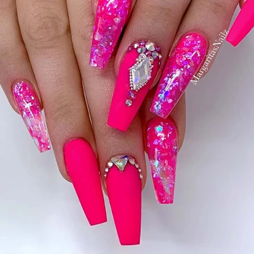 Hot Pink Nails with Diamonds 35