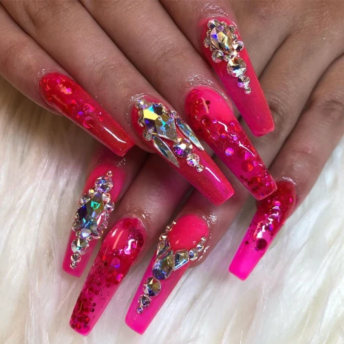 Bright Hot Pink Diamonds nails with Water drops