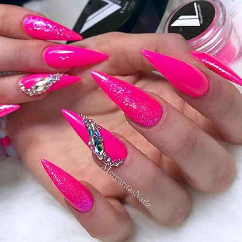 Hot Pink Nails with Diamonds 37