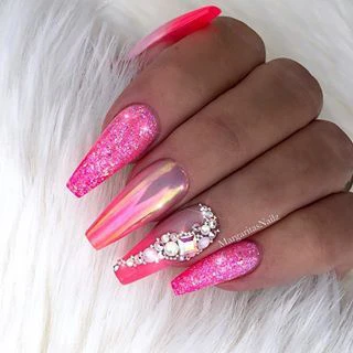 Hot Pink Nails with Diamonds 5