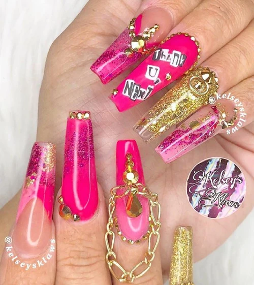 Hot Pink Nails with Diamonds