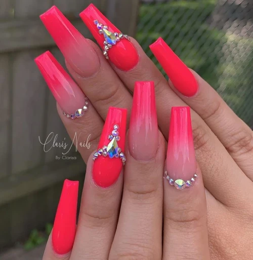 Hot Pink Nails with Diamonds