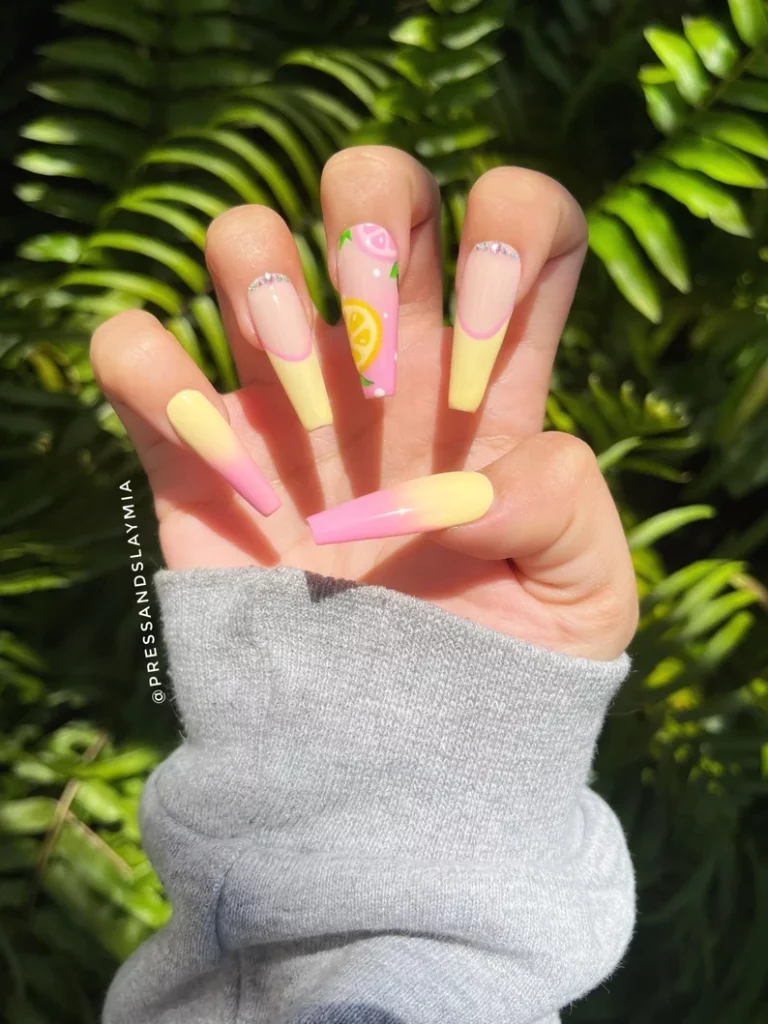 Pink Lemonade Mixed with Pastel Yellow Manicure Design