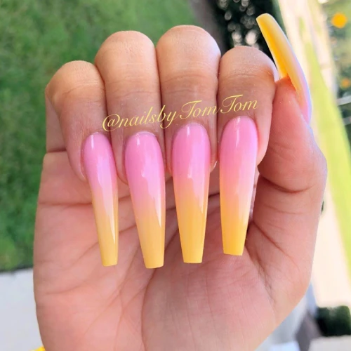 Long Pink and Yellow Ombre Nails