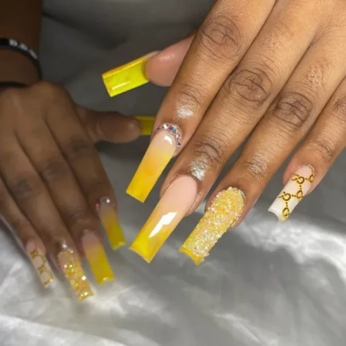 Yellow Ombre Nails with Design 9