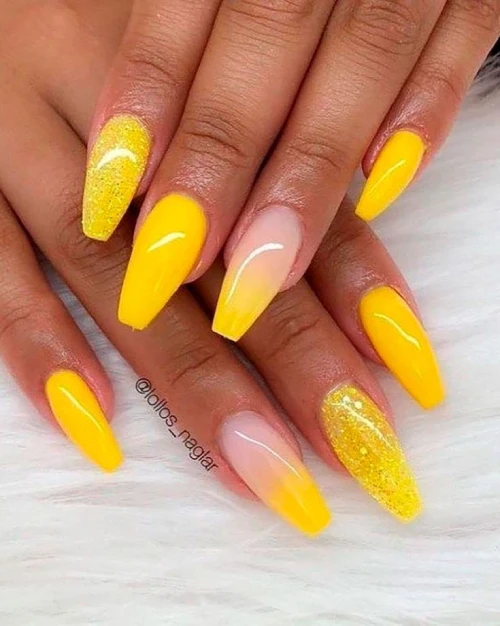 Bright Summer Yellow Ombre Nails with French Tip Design