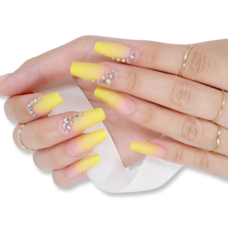 Yellow Ombre Nails with diamond