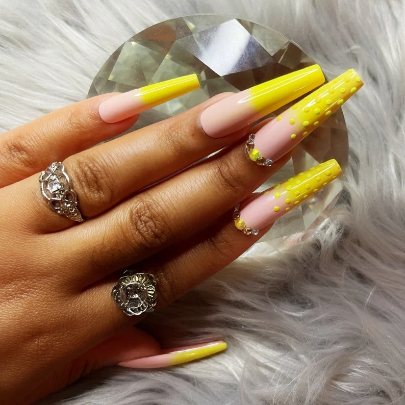 Yellow Ombre Nails - Long Dotted Nails Design With Yellow Polish