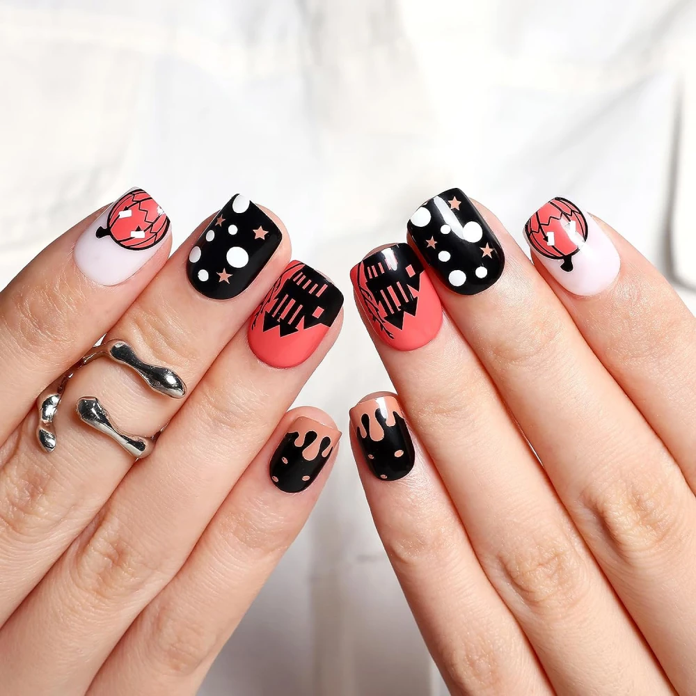 Black Fake Nails with Pumpkin Ghost Haunted House Design