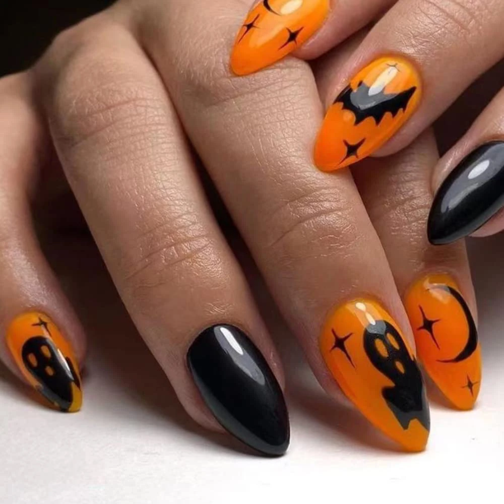 Black Orange False Nails with Bat Ghost Design Halloween Press on Nails