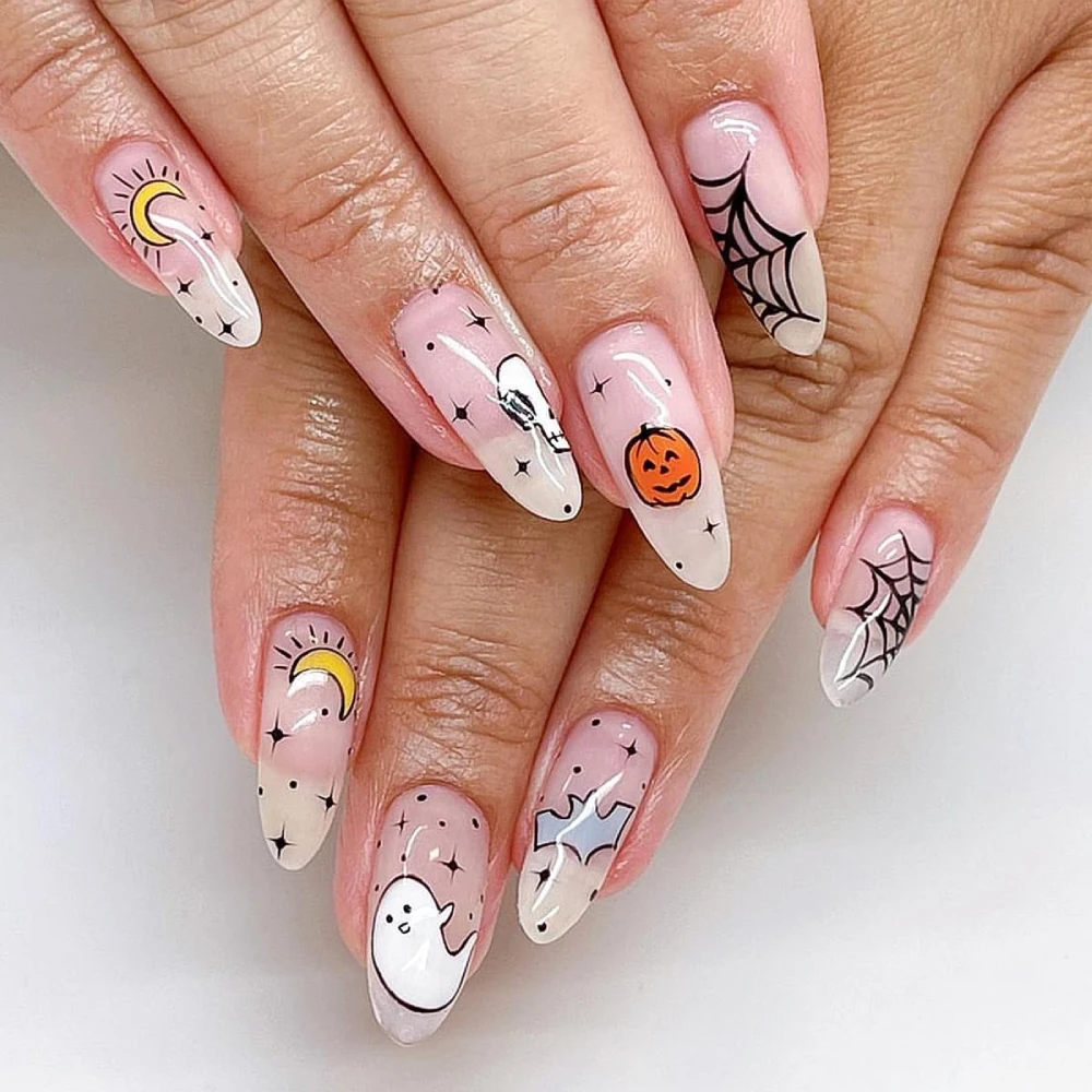 Cobweb and Ghost Bat Designs False Nails Moon and Star French