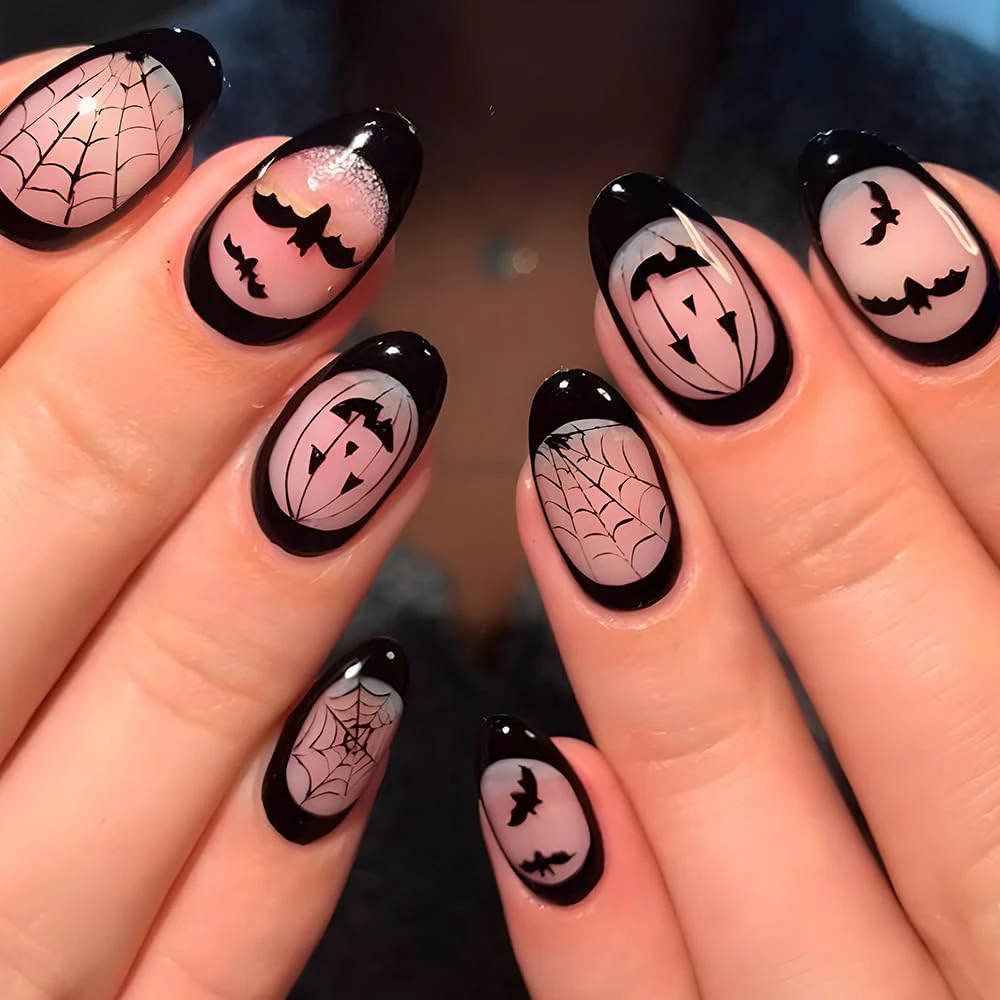 French Pumpkin Bat Design Glue Nails