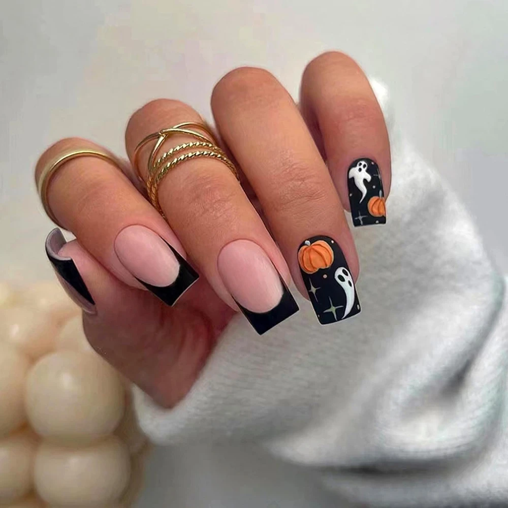 French Tip Black Matte Acrylic Square False Nails With Pumpkin Ghost Designs 