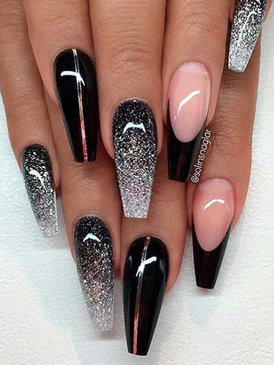 Gray Glossy Glitter Black Ombre Nail Designs