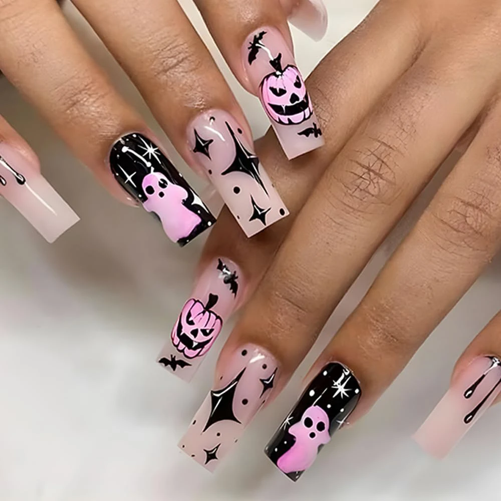 Halloween Pumpkin Pink and black long press on Nails