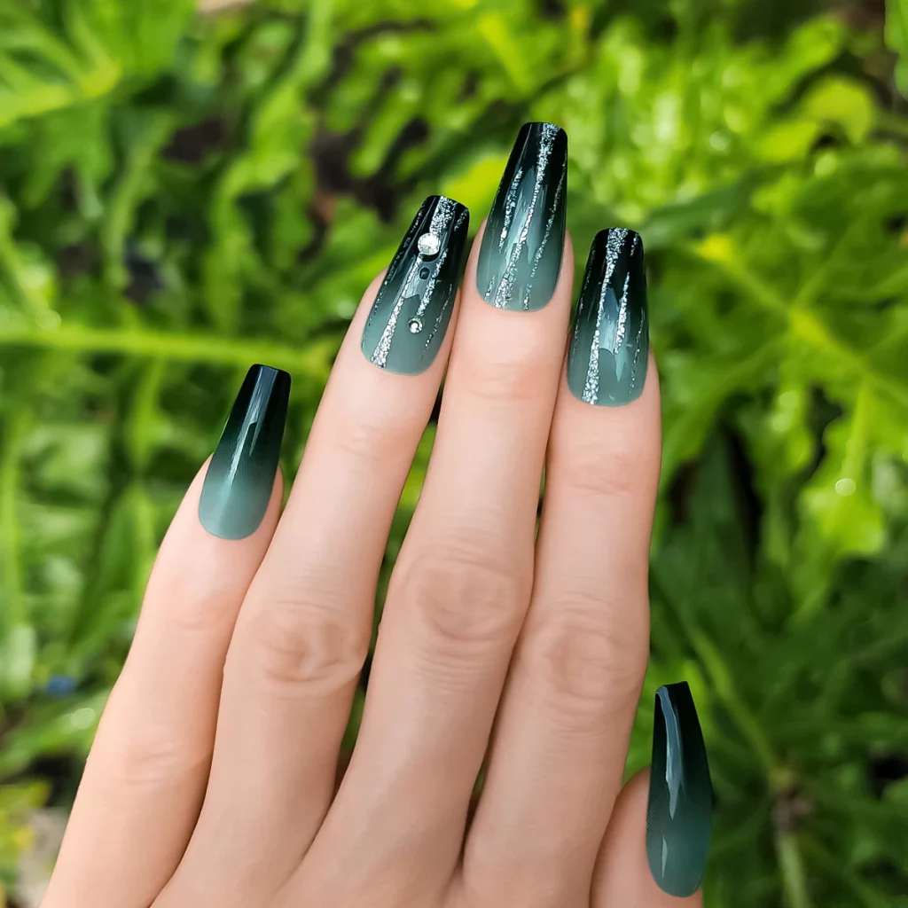 Light Green and Black Coffin Ombre Nails