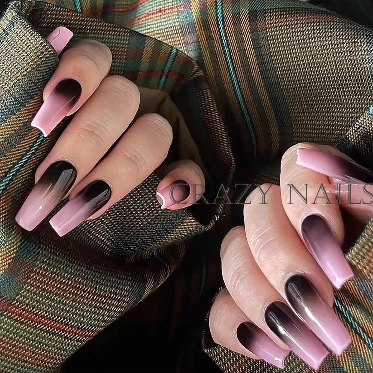 Pink and black Ombre nails Long