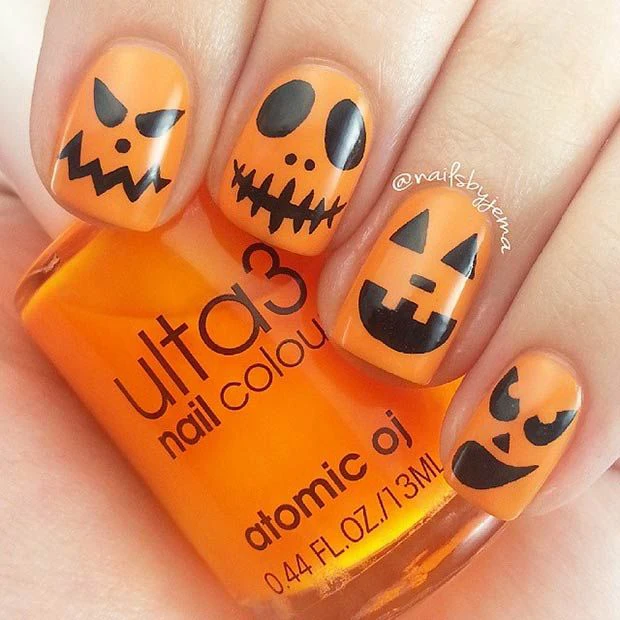 Short Black and Light Orange Spooky Jack Design Nails