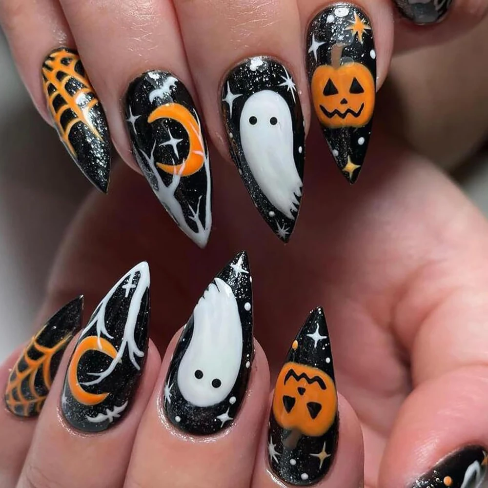 Pumpkin Spider Web False Nails with Designs